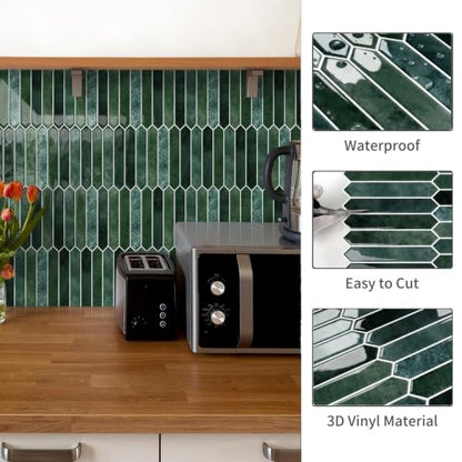 10 Sheet Long Hexagon Peel and Stick Backsplash Tile, 12"x12" 3D Adhesive Glossy Marble Vinyl Stick on Wall Tiles for Bathroom, Kitchen, Living Room (DarkGreen, 12" x 12") - color: Darkgreen