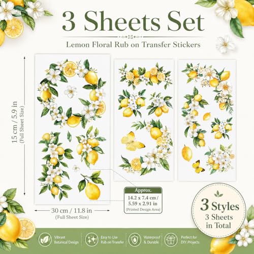 WANDIC 3 Sheets Rub On Transfer Stickers, Lemon Flowers Pattern Waterproof Decals Furniture Craft Embellishments for DIY Scrapbooking Photo Albums,15 * 30cm - color: Yellow