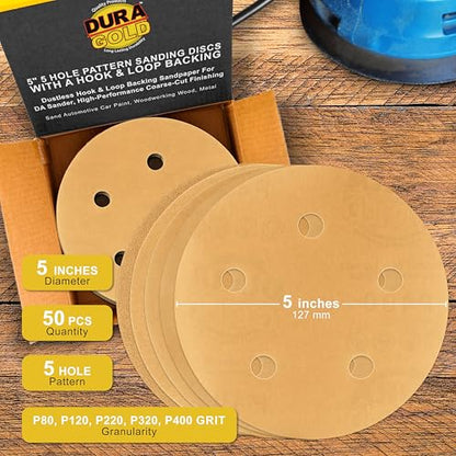 Dura-Gold 5" Gold Sanding Disc Grit Assortment, 5 Hole Pattern 10 Discs Ea - size: Variety Pack