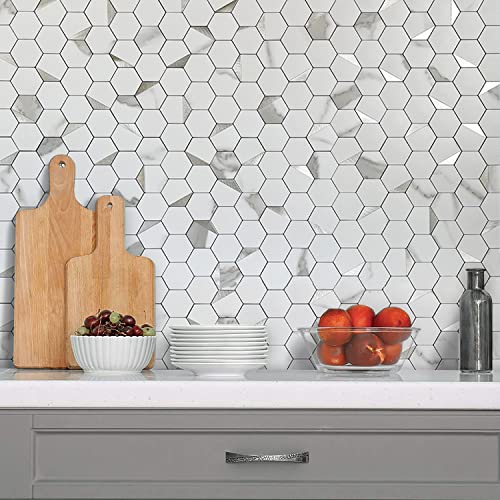 DICOFUN 1 Sheet Hexagon Tile Peel and Stick Backsplash, White Marble Look PVC Mixed Silver Metal Mosaic Tiles for Kitchen and Bathroom - color: Marble White + Silver Metal Chip, size: 1 Sheet, 12''x12''x0.12''