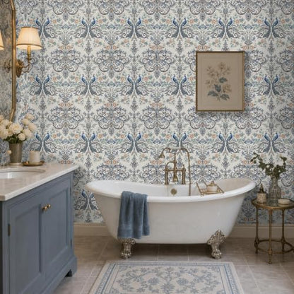 Blue Peacock Damask Peel and Stick Boho Wallpaper 17.5"x 118" - color: Blue, size: 17.5" x 118"