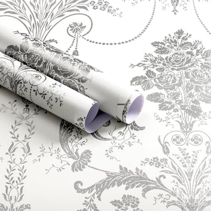 Silver Gray Removable Wallpaper Damascus Floral Peel and Stick Wallpaper - color: Silver/Gray, size: 17.3" x 118"