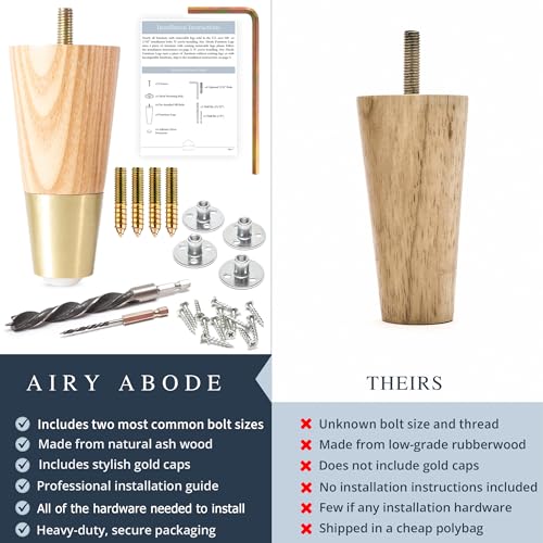 Airy Abode Premium Ash Wood Furniture Legs with Gold Caps (Full Install Kit) - Pick Your Size and Color - color: Ash / Gold, size: 10 Inches