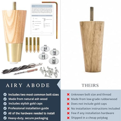 Airy Abode Premium Ash Wood Furniture Legs with Gold Caps (Full Install Kit) - Pick Your Size and Color - color: Ash / Gold, size: 4 Inches