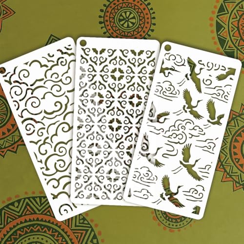12 Sheets Oriental Patterns Stencil for Painting, Ripple Water Wave Crane Auspicious Cloud Four-Leaf Clover Flower Drawing Stencil Reusable Art Template for Painting on Wall Wood Home Decor - style: Oriental