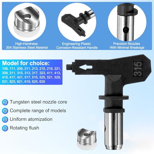 M METERXITY 1-Set Airless Paint Sprayer Tips, Tungsten Steel Reversible Spray Tips with 1 Pad for Homes/Buildings/Garden/Decks/Fences [Black, 315] - size: 315