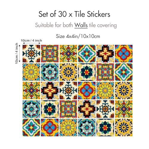 30 Pcs Mexican Talavera Peel and Stick Tile Stickers 4x4 Inch - Self-Adhesive Waterproof Vinyl Backsplash Decals for Kitchen Bathroom Stair Riser, Removable Boho Spanish DIY Wall Decor