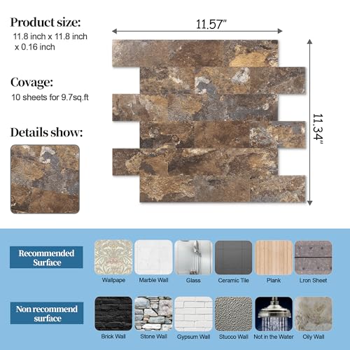 2026 New Upgrade Peel and Stick Backsplash Tile, Peel and Stick 11.34" X 11.57" Wall Tile for Kitchen, Bathroom, Fireplace, Laundry (Brown Stone Rock, 10 Packs) - color: Brown Stone Rock