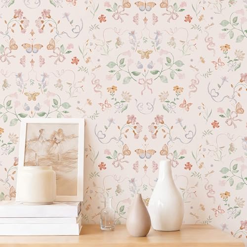 Peel and Stick Wallpaper for Nursery Pink Cute Bow Leaf Waterproof - color: Pink, size: 17.3" x 78.7"