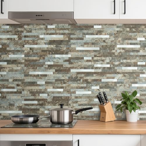 AULIGET 2 Sheets Beige & Brown Slate Peel and Stick Backsplash, PVC Mixed Metal Silver Wall Tile Stick on Backsplash for Kitchen and Bathroom - color: Beige & Brown Slate + Metal Silver, size: 2 Sheets, 6"x12"x0.12"