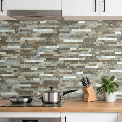 AULIGET 2 Sheets Beige & Brown Slate Peel and Stick Backsplash, PVC Mixed Metal Silver Wall Tile Stick on Backsplash for Kitchen and Bathroom - color: Beige & Brown Slate + Metal Silver, size: 2 Sheets, 6"x12"x0.12"