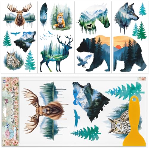 GLOBLELAND 4 Sheets Watercolor Forest Animals Furniture Transfers 6x12inch Bear Deer Rub on Transfer UV Self-Adhesive Stickers Wall Art Craft for Bedroom Living Room Table Decoration - style: Forest Animals
