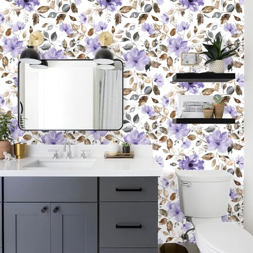 Modern Purple Floral Peel and Stick Wallpaper 17.7" x 124" - color: Purple/Brown, size: 17.7" x 124"