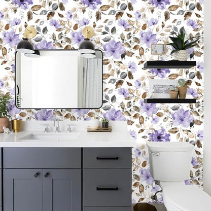 Modern Purple Floral Peel and Stick Wallpaper 17.7" x 124" - color: Purple/Brown, size: 17.7" x 124"