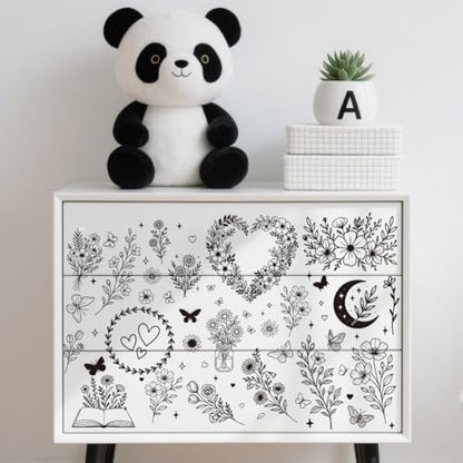 OLYCRAFT 3Pcs/Set Line Plants Rub on Transfers for Furniture and Craft 6x12 Inch Line Flower Furniture Decal Transfer Stickers Rub on Decal with 1Pc Scraper for Cabinet Wardrobe Decoration - style: Line plants