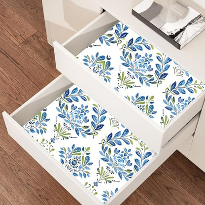 BOKEBEVE Boho Floral Peel and Stick Wallpaper Blue White 17.5 x 393.5In - color: Blue/White, size: 17.5" x 393.5"