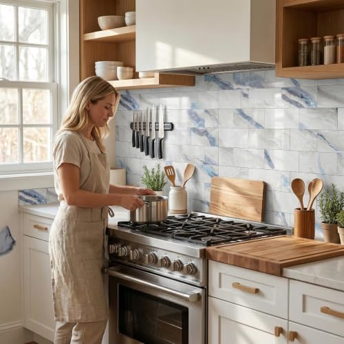 32 Sheets Blue Agate Marble Peel & Stick Subway Tile 4"x8" - color: Blue Agate Marble, size: 32 Pcs 4" x 8" x 0.07"