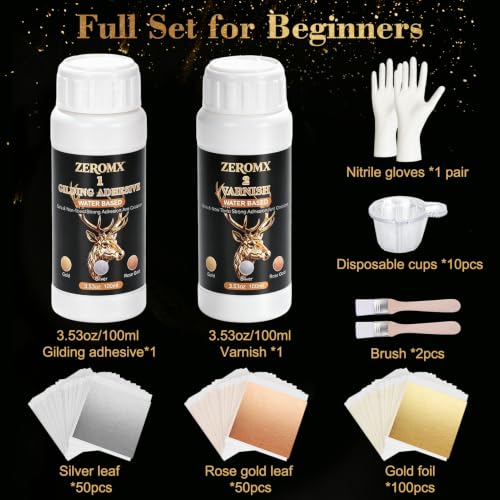 Gold Leaf Adhesive, with 200pcs Gold/Silver/Rose Gold Leaf Sheets