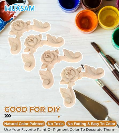 MUXSAM Rose Carved Appliques Onlays, 4Pcs Unpainted Wood Carvings Decals - size: 6x6cm/2.36"x2.36"