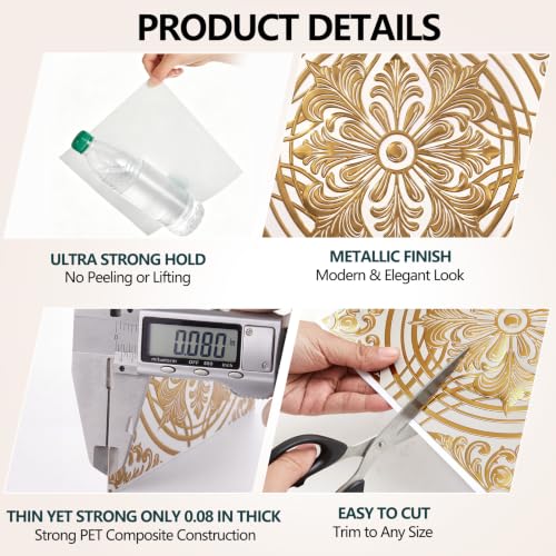 48Pcs 3D Metallic Peel &Stick Wall Tile 8x8, Gold, Cream Gold Relief Floral - color: Gold, style: Cream Gold Relief Floral