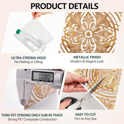 48Pcs 3D Metallic Peel &Stick Wall Tile 8x8, Gold, Cream Gold Relief Floral - color: Gold, style: Cream Gold Relief Floral