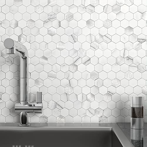 Peel and Stick Backsplash Hexagon Marble Tiles White Silver 10pcs - color: White Silver, size: 10sheets