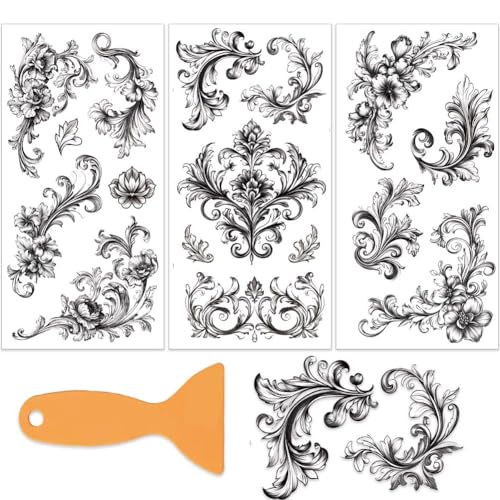 OLYCRAFT 3Pcs/Set Black Border Rub on Transfers for Furniture and Crafts 6x12 Inch Vintage Flower Corner Furniture Transfer Stickers Vine Decal with 1pc Scraper for Wood Furnitures Decor Scrapbooking - style: Corner