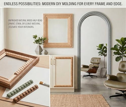 25 Pcs 15.75 Inch Unfinished Half Wood Bead Trim, 393.7 Inch Total Length, 18mm Wide 3D Pearl Molding Includes a 1.5M Tape Measure for DIY Home Wall Cabinet Shelf Window Door Decoration