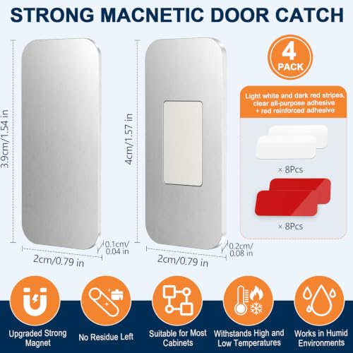 Magnetic Cabinet Door Catch, Ultra Thin No Drill Cabinet Door Magnets, Adhesive Stainless Steel Cabinet Latch to Stay Closed, Kitchen, Bathroom Magnetic Door Catch Closer 4 Pack