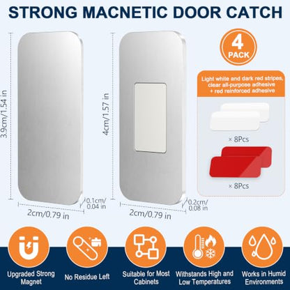 Magnetic Cabinet Door Catch, Ultra Thin No Drill Cabinet Door Magnets, Adhesive Stainless Steel Cabinet Latch to Stay Closed, Kitchen, Bathroom Magnetic Door Catch Closer 4 Pack