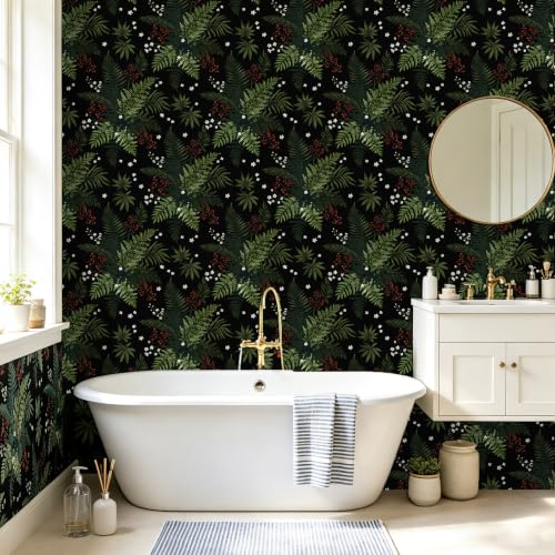 Dark Green Botanical Berries Peel and Stick Wallpaper 17.5" x 118" - color: Black/Dark Green, size: 17.5" x 118"
