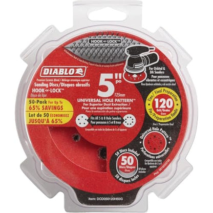 Diablo Hook and Lock ROS Sanding Discs - 5", 120 Grit, Medium, 50-Pack - style: 120-Grit, Medium - Pack of 50