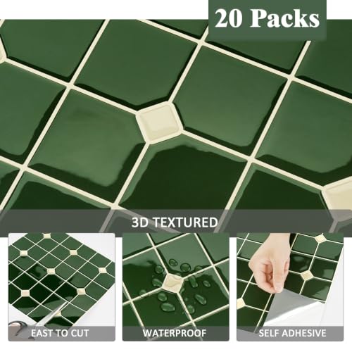 Green Peel and Stick Tile 3D Square Backsplash for Kitchen Vinyl - color: Green-square, size: 20 Pieces