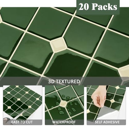 Green Peel and Stick Tile 3D Square Backsplash for Kitchen Vinyl - color: Green-square, size: 20 Pieces