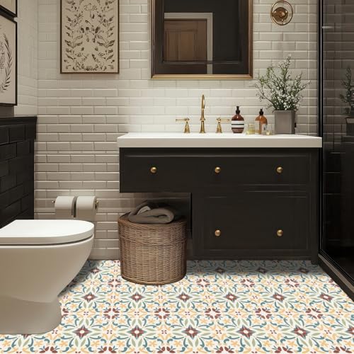 HOMETITUTE Floral Medallion Pattern 12x12 Inch Peel Stick Vinyl Tile - color: Multicolor With Earthy Tones