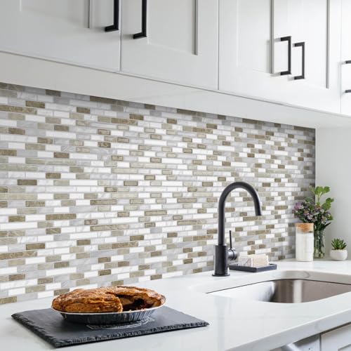 URCOLOR 10-Sheet Peel and Stick Backsplash Tile for Kitchen, 12”×12” Stick on Wall Tile for Bathroom, Beige & White - color: Beige & White