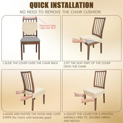 JQinHome Waterproof Dining Chair Seat Covers Set of 4 | Soft Removable Washable Chair Covers for Dining Room,Rear Gap Hook-and-Loop| Elastic Non-Slip, Full Rear Coverage | Beige - color: Beige, size: 4PC