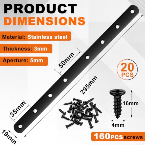 Zonon 20 Pcs Black Flat Mending Plate 12" Stainless Steel Bracket - color: Black, size: 12 Inch