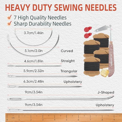 Upholstery Repair Kit: Extra Strong Waxed Sewing Thread 4 Rolls (Black Color) &Heavy Duty Household Hand Needles (7 PCS) for Leather, Canvas, Bookbinding & Quilting Thread - color: Black