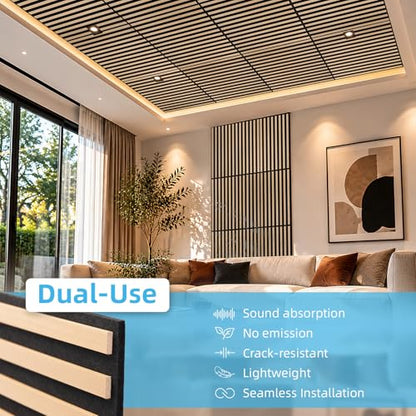 Art3d 6-Pack Acoustic Wood Slat Panel & Ceiling Tile, 2 x 2 ft, Natural Oak - color: Natural Oak, size: 24 x 24 inch