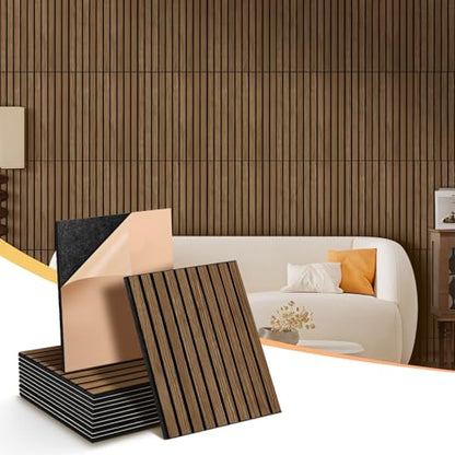 16" x 12" Acoustic Panels 12 Pack, Self-Adhesive 3D Wall Tile Walnut - color: Walnut, size: 12 Pack (16 x 12 x 0.4 inch each)