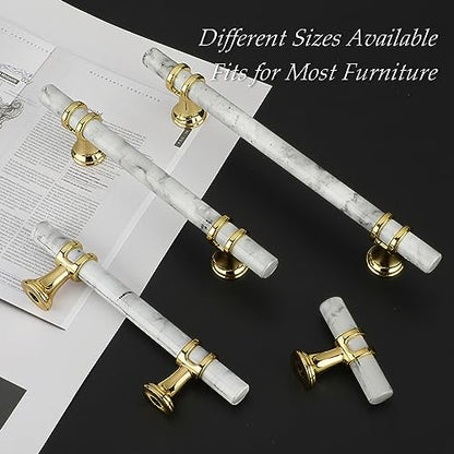 Rergy 10 Pack Cabinet Handles, White Marble & Polished Gold Pulls, 5" - color: White Marble & Gold, size: 5 inch (128mm) Hole Center