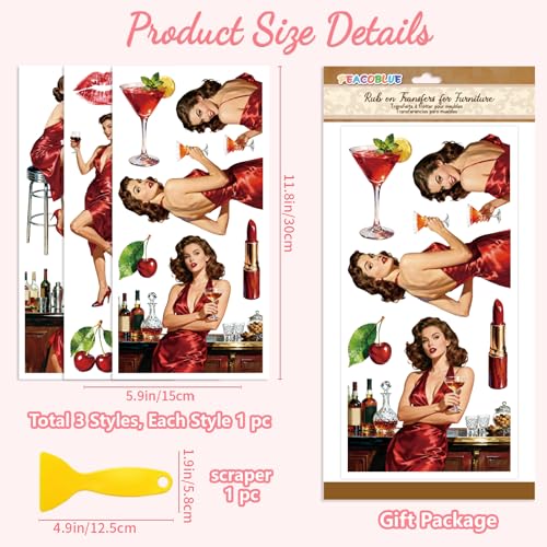 Peacoblue Retro Bar Girl Rub On Transfers for Furniture Craft 6"x12" - style: Retro Bar Girl