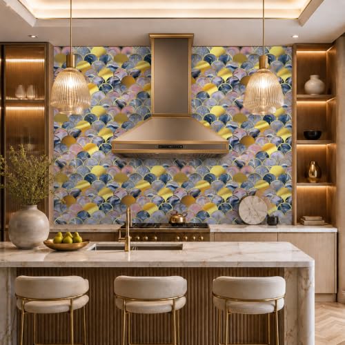 Peel and Stick Kitchen Backsplash Tiles 16PCS – Waterproof Self Adhesive Wall Stickers, Easy DIY Stick On, Heat Resistant Decorative Wall Covering (Modern Art Deco Scallop Marble Style) - color: Modern Art Deco Scallop Marble Style
