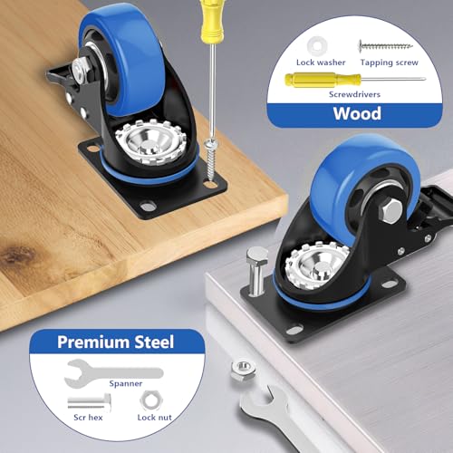 3 Inch Caster Wheels,Swivel Casters Set of 4 Heavy Duty with Safety Dual Locking,Plate Casters with Double Ball Bearings, Industrial Castor Wheels for Furniture,Workbench(Free Hardware Kits)