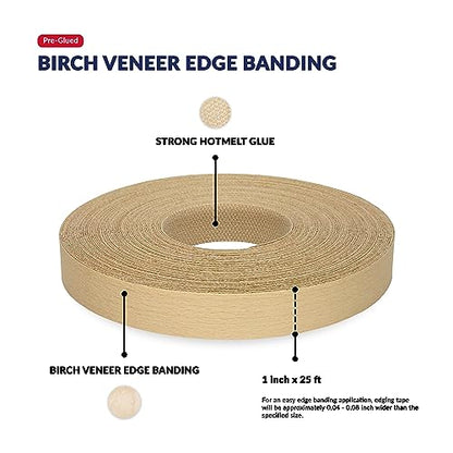 Birch Edge Banding 1 inch x 25 feet Wood Veneer Pre Glued Adhesive Edging Trim Band Tape Iron On Flexible Strip Roll Laminate Cabinate Countertop Furniture Shelf MDF Board Paintable Edgebanding - size: 1 in x 25 ft
