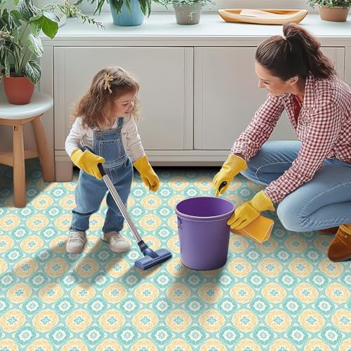 HOMETITUTE Mint Yellow Floral Peel and Stick, Tiles Tile Art Deco, 12"x12" - color: Turquoise, Yellow