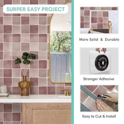 Commomy Thicker Pink Peel and Stick Tiles 10 pcs of 12" x 12" - color: Glossy Dark Pink