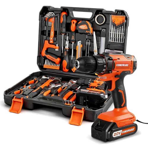 COMOWARE Household Tool Set with 20V Cordless Drill Driver, 120Pcs Hand Tool Kit for Men, Power Drill Set with Plastic Toolbox, Ideal for Office, Garden, DIY Project - color: Orange
