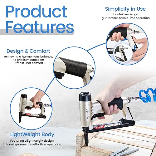 meite MT7116LN Pneumatic Upholstery Stapler 22 Gauge 71 Series 3/8" Crown 1/4" to 5/8" Length Long Nose Stapler